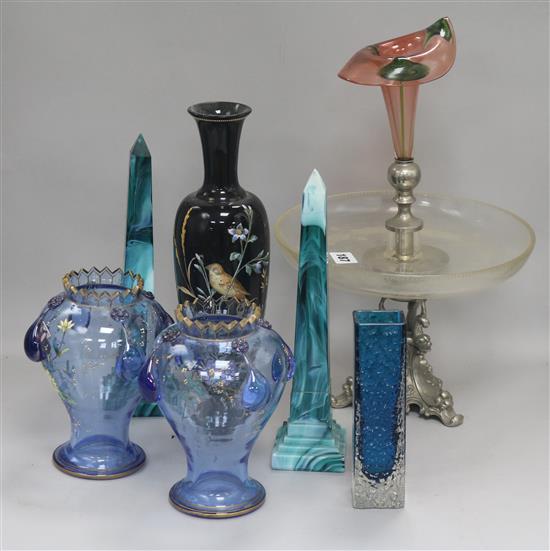 A pair of glass obelisk, a Whitefriars vase and other ceramics tallest 39cm